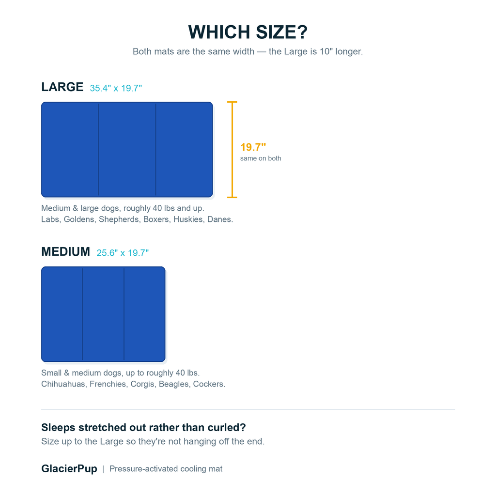GlacierPup size chart — Large 35.4 by 19.7 inches, Medium 25.6 by 19.7 inches, both the same width