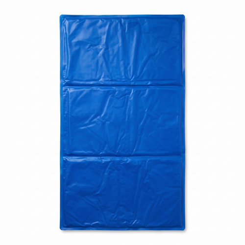GlacierPup pressure-activated dog cooling mat laid flat, royal blue, three-panel folding design